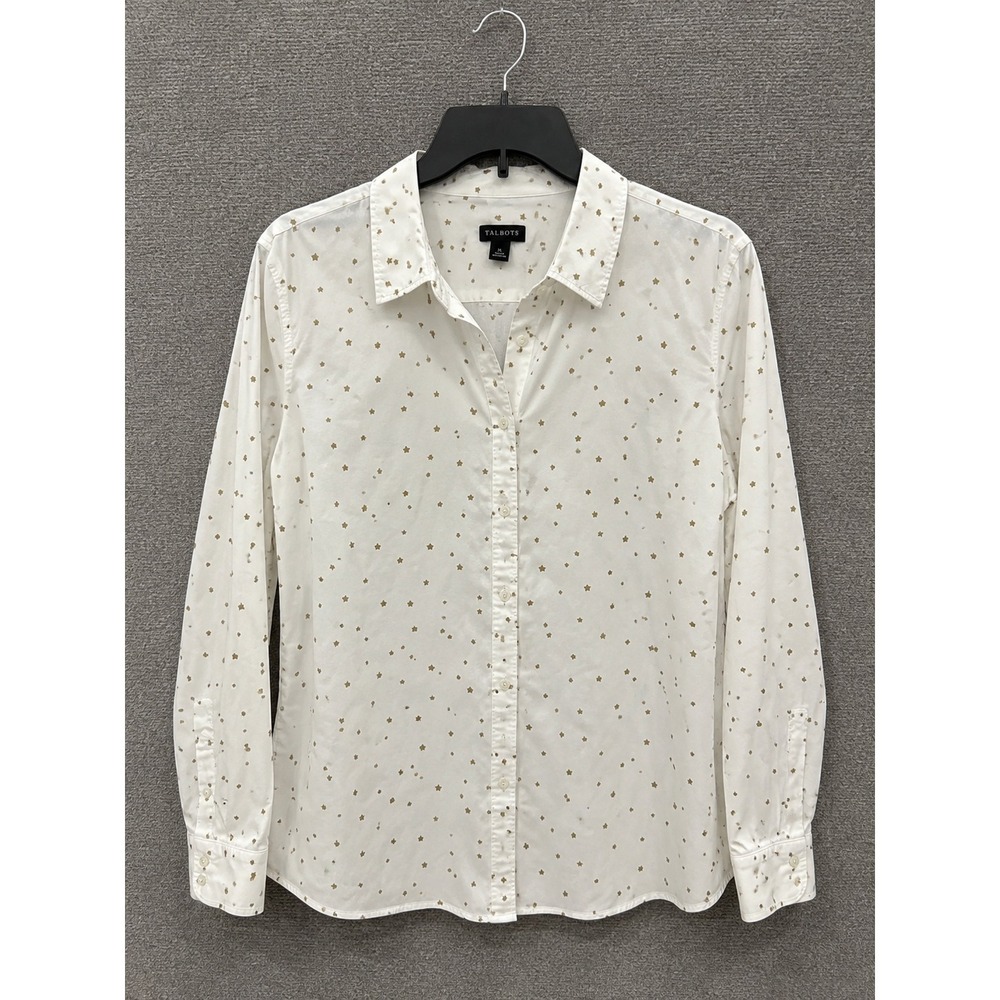 Talbots Womens Shirt XL White Cotton Star Print Button Down Long Sleeve Top